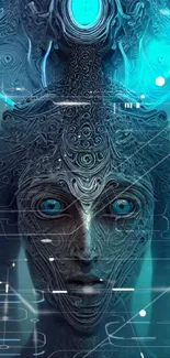 Futuristic design of alien figure with blue accents and intricate digital patterns.