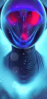 Futuristic alien artwork in blue and red hues, showcasing digital sci-fi design.