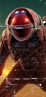 Futuristic alien astronaut in space-themed wallpaper.