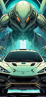 Futuristic car with alien in background, vibrant sci-fi design.