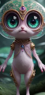 Futuristic alien cat with big eyes in an intricate outfit, standing in a mystical forest.