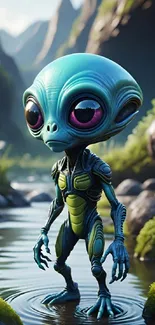 Futuristic blue-green alien character standing in a natural scenic background.