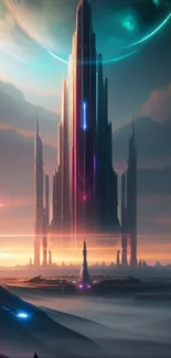 Futuristic skyscrapers in an alien landscape with a cosmic backdrop.