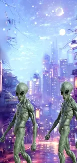 Aliens in a futuristic city with neon lights and a vibrant sky.