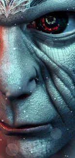 Close-up of a futuristic alien with detailed textures and digital elements.