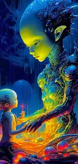 Futuristic alien digital art with vibrant neon colors and cosmic imagery.