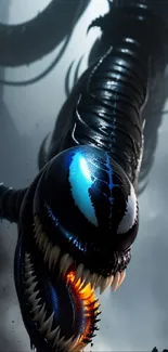 Futuristic black alien creature with glowing blue eyes against dark background.