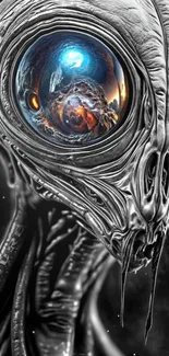 Intricate alien with reflective eyes in a cyberpunk style.