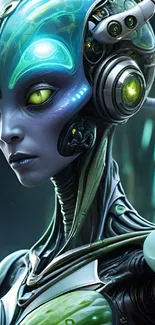 Futuristic alien with glowing technology features.