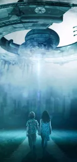 Children standing under a massive alien spaceship with a bright light beam in the mist.