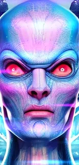 Vibrant futuristic alien face with neon blue and pink tones.