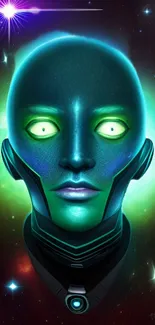 Futuristic neon alien face with cosmic background.