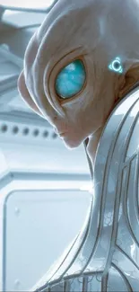 Futuristic alien with blue eyes in high-tech setting.