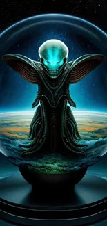 Futuristic alien figure inside a glowing globe with cosmic background.