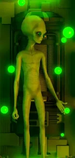 Alien figure glowing with neon green lights.