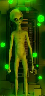 Green-lit alien in a futuristic room