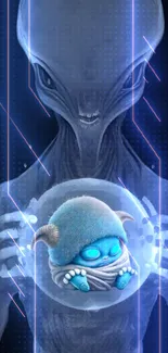 Alien holding glowing orb in sci-fi art wallpaper.