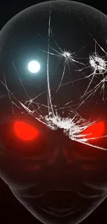 Futuristic alien head with red eyes and cracks.