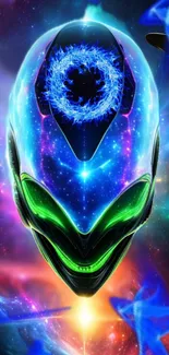 Futuristic alien head with vivid colors and cosmic background.