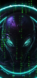 Futuristic alien head with neon glow and digital matrix effect in the background.