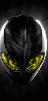 Futuristic black alien head with yellow eyes on a dark background.