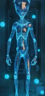 Blue translucent alien hologram with glowing elements.