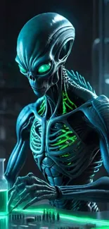 Futuristic alien in a sci-fi laboratory with glowing green accents.