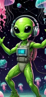 Futuristic alien with headphones and glowing jellyfish in space.