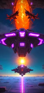 Futuristic alien invasion scene with vivid purple hues and spaceships.