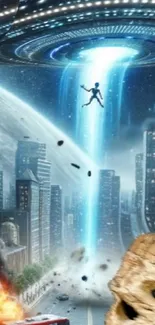 Futuristic alien invasion over a cityscape with spaceship.