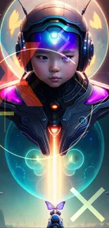 Futuristic alien child with neon glow and cosmic background.