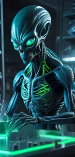 Alien in a futuristic lab with green glow.