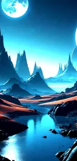 Futuristic alien landscape with twin moons and vibrant colors.