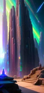 Futuristic landscape with alien towers and aurora sky.