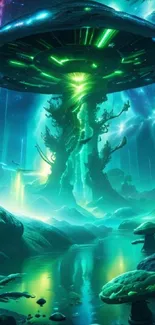 Mystical alien landscape with glowing green lights and scenery.