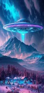 Futuristic UFO hovering over mountain landscape with vibrant colors