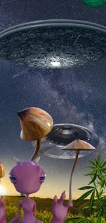 Alien landscape with spaceship and surreal creatures in a night sky.