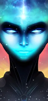 Futuristic alien artwork with vibrant cosmic background in blues and oranges.