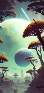 Futuristic landscape with alien trees and planets.