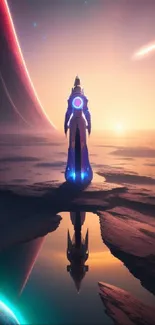 Futuristic sci-fi figure on alien landscape with cosmic sky and reflection.