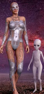 Futuristic humanoid and alien on a cosmic landscape wallpaper.