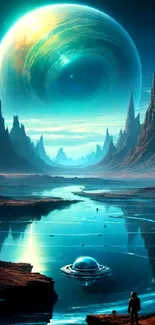 Futuristic alien landscape with glowing planet and surreal terrain.