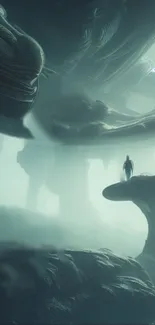 Surreal alien landscape with ethereal formations and a lone figure on a futuristic horizon.