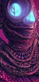 Intricate alien artwork in purple hues with metal textures and blue highlights.