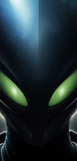 Futuristic alien with green eyes on dark background.