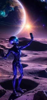 Futuristic alien robot on a purple moon with space backdrop.