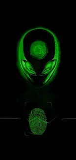 Neon green alien head with fingerprint scan on black background.