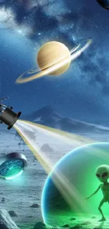 Alien planet scene with spaceships and planets.