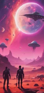 Two astronauts explore a reddish alien planet with spaceships and celestial bodies.