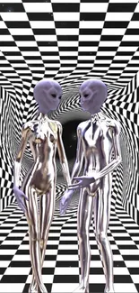 Chrome aliens in a black and white vortex wallpaper.